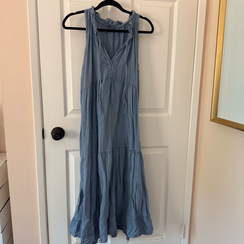 Meo Meli made in Italy blue linen tiered sleeveless tie neck dress